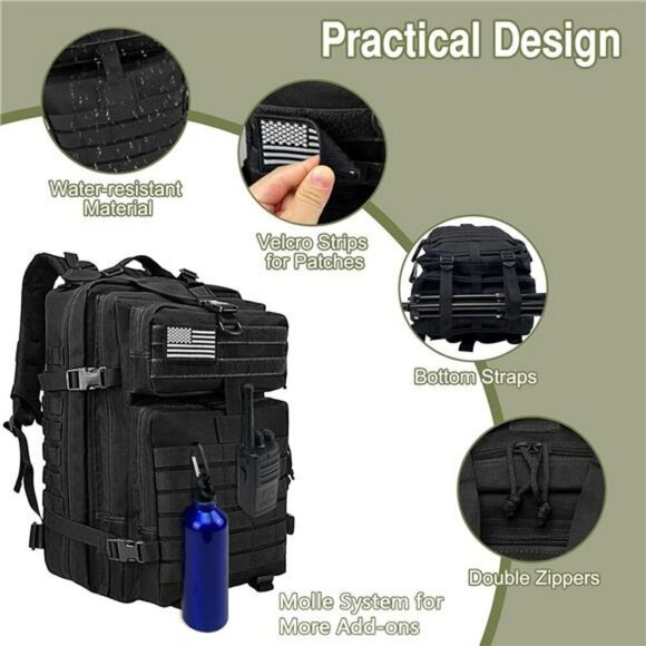 WOLT Tactical Backpack 45L Military Molle Hiking Survival Rucksack Black - Picture 3 of 7